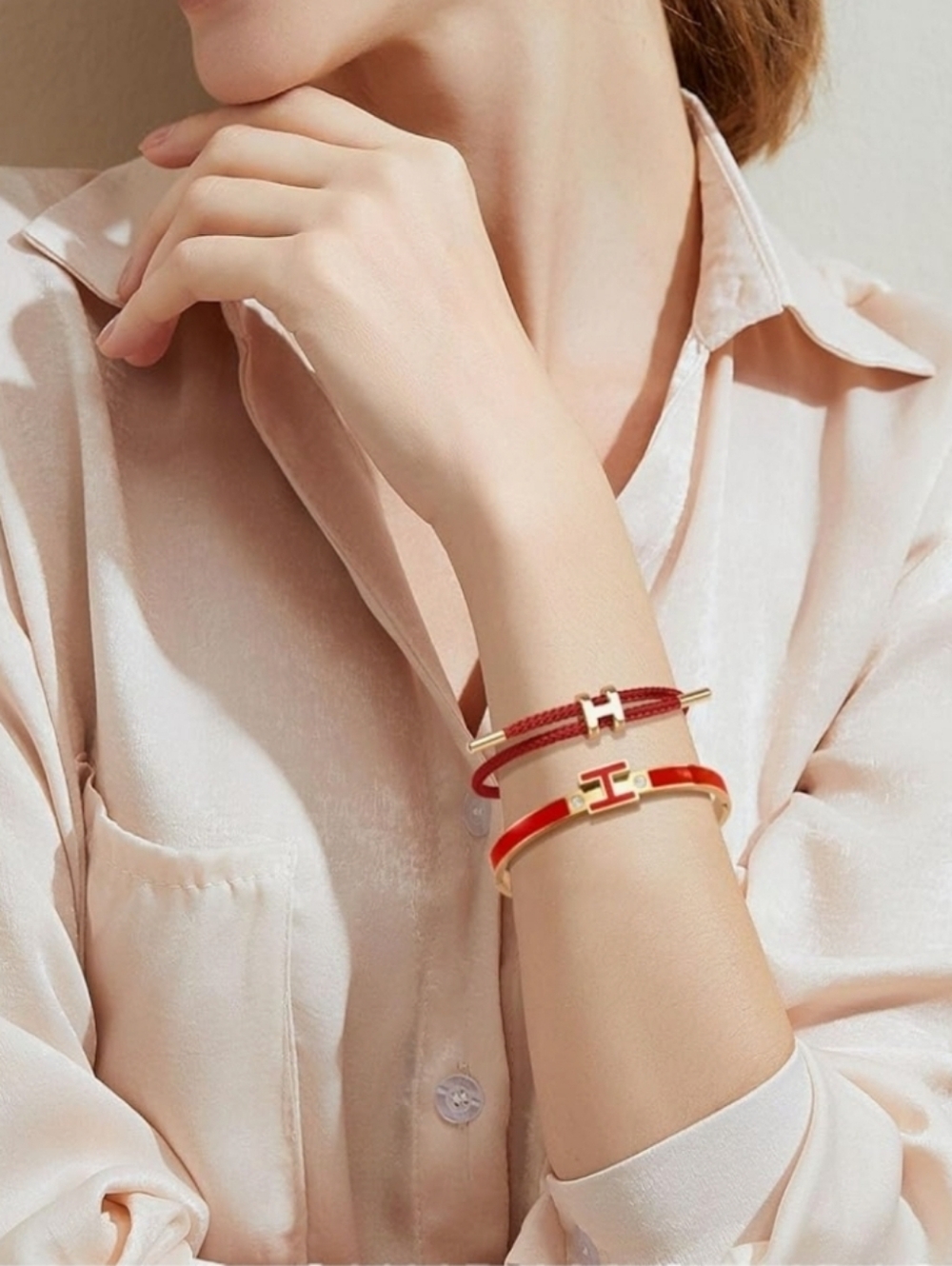 2pcs 18k Gold Plated H Bangle and H Wire Rope Bracelet Set